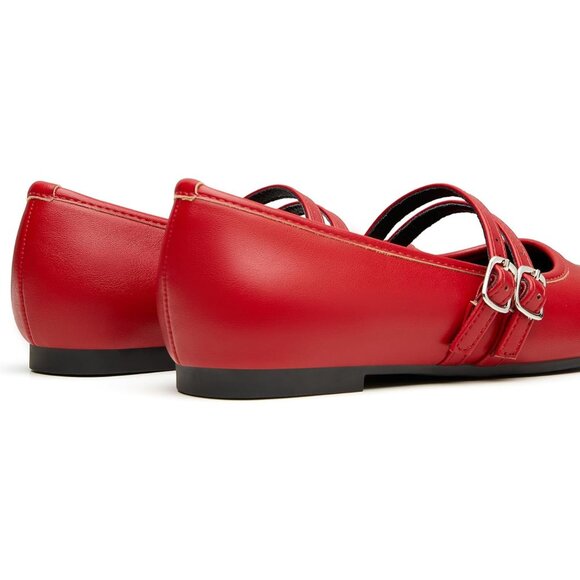 Trary Women Red Polyurethane Square Toe Slip On Buckle Strap Ballet Flats - Picture 2 of 6